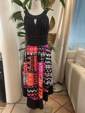 Signature by Sangria Black Bodice Maxi Skirt with Pink and Orange Pattern